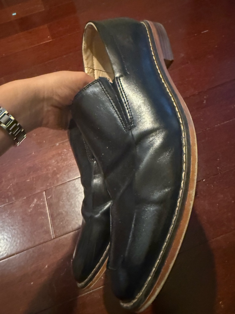 Men's Black Leather Slip-On Dress Loafers with Contrast Welt